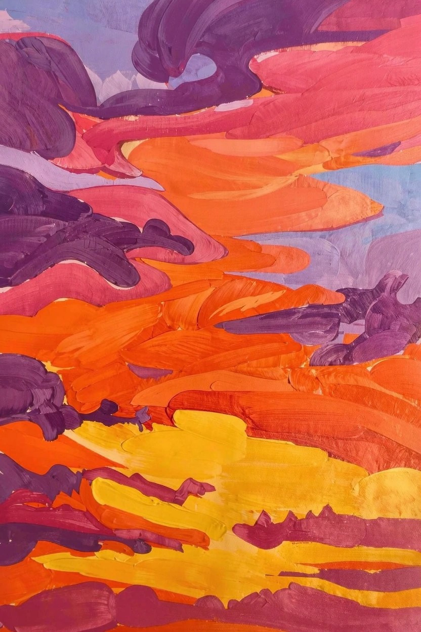 Abstract acrylic painting with swirling layers of purple, pink, orange, red, yellow, and blue suggesting a vibrant sunset sky.