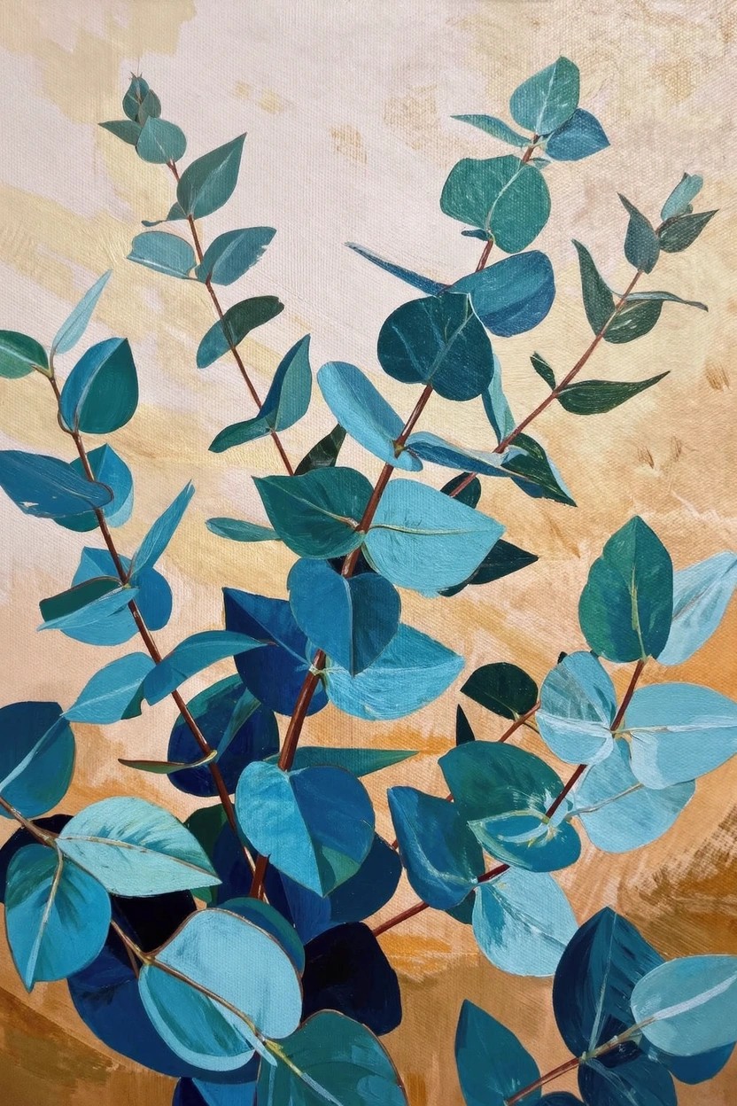 Acrylic painting of clustered teal eucalyptus leaves and stems on a textured beige background.