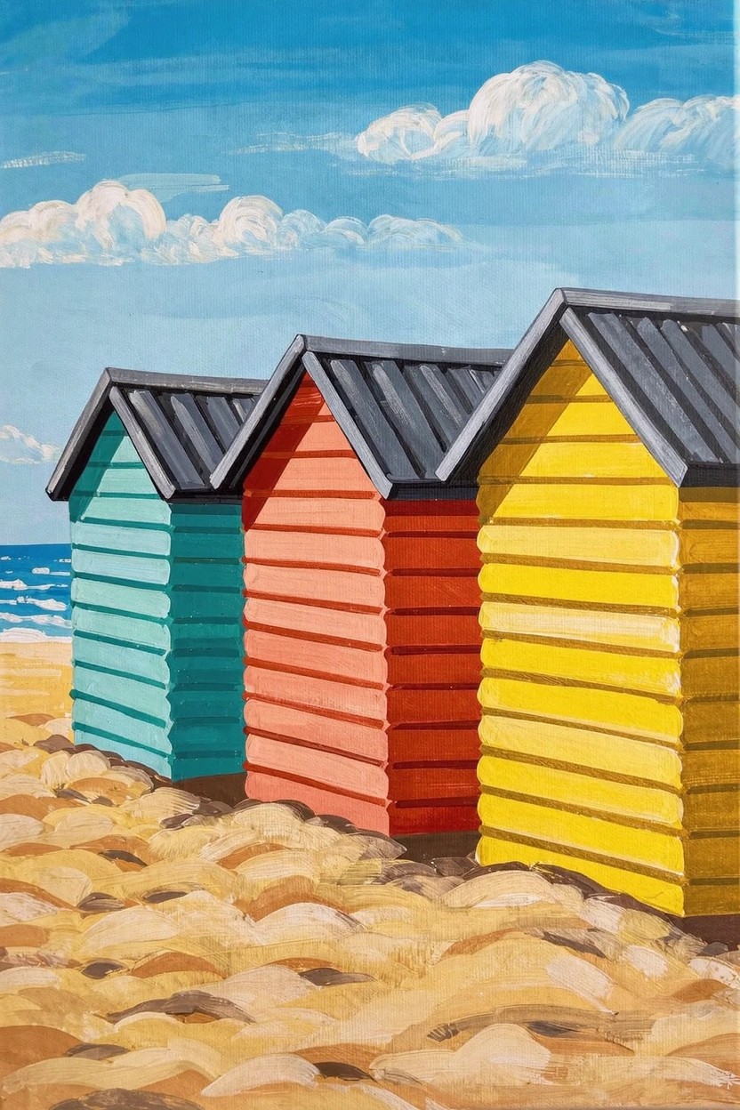 Acrylic painting of three beach huts in teal, red, and yellow lined up on sand with ocean waves, beach, and blue sky with clouds.