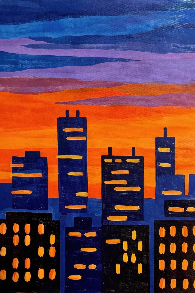 Acrylic painting of dark silhouetted skyscrapers with lit windows against a vibrant gradient sunset sky in oranges, purples, and blues.