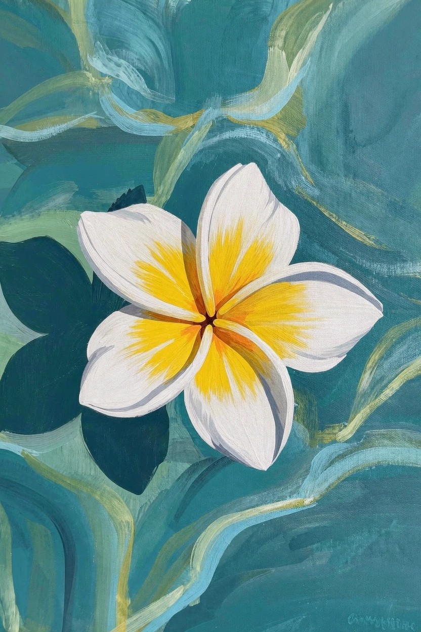 Acrylic painting of a white frangipani flower with yellow center surrounded by teal green leaves and stems.