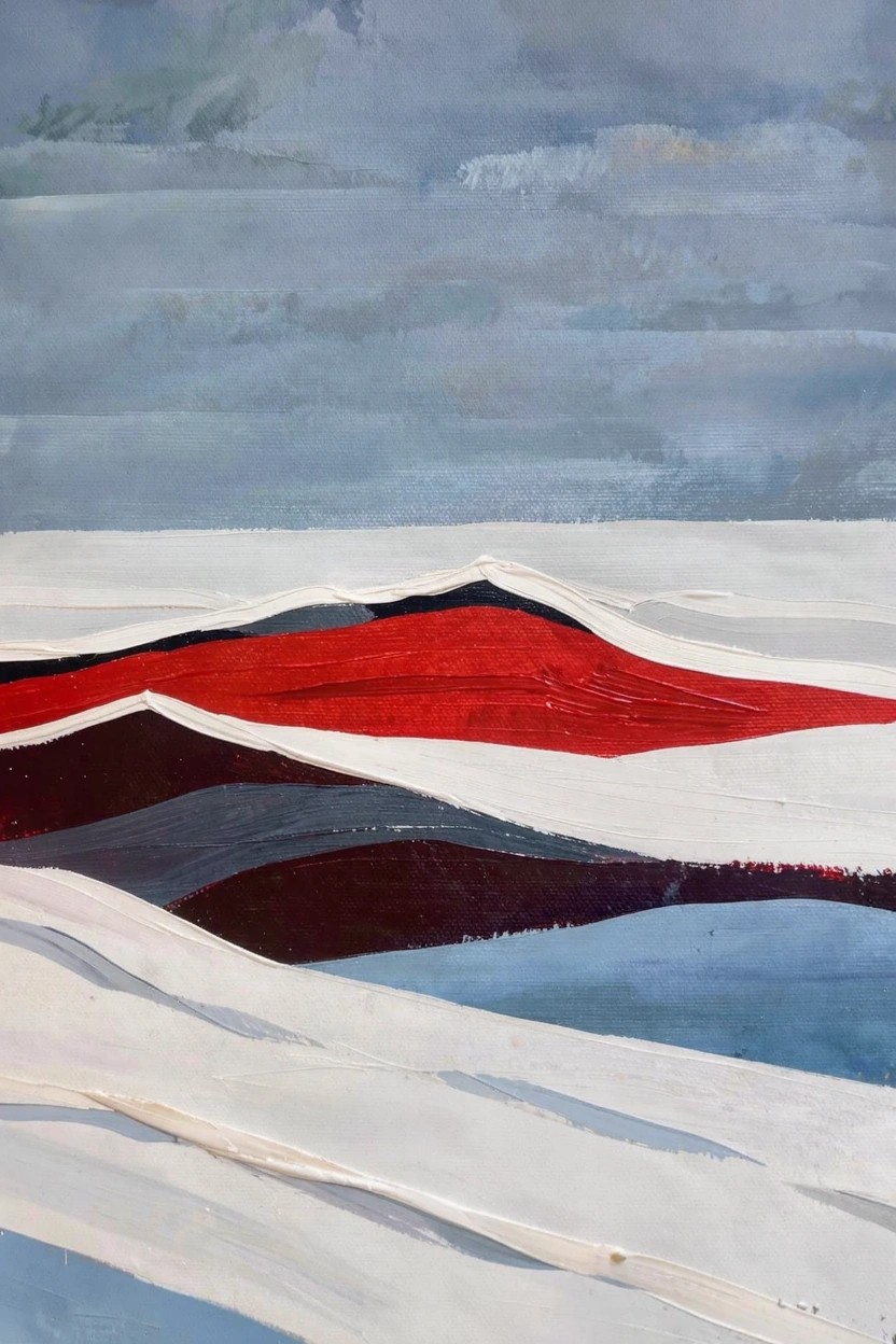 Abstract acrylic painting with layered horizontal bands of white snow, gray skies, blue shadows, dark bases, and a central red ridge.