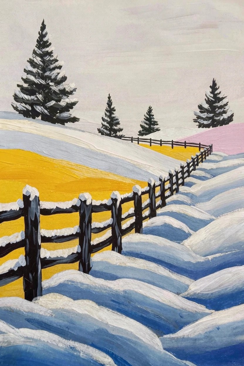 Acrylic painting of snowy fields with a curving black wooden fence, yellow underlying field, snow-covered pine trees, and cloudy sky.