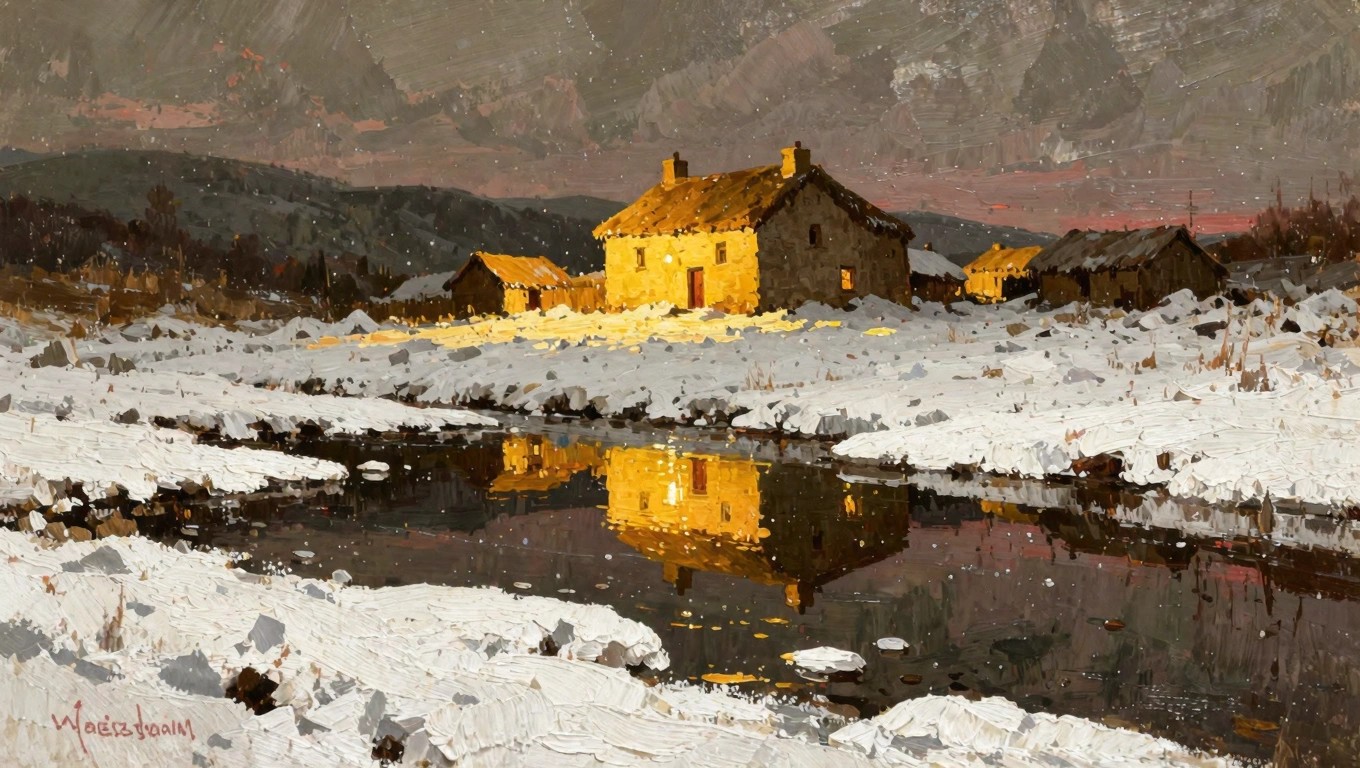 Acrylic painting of an orange cabin with lit windows and chimney smoke on a snowy hill, surrounded by snow-covered landscape, mountains, and a reflective pink-orange stream at sunset.