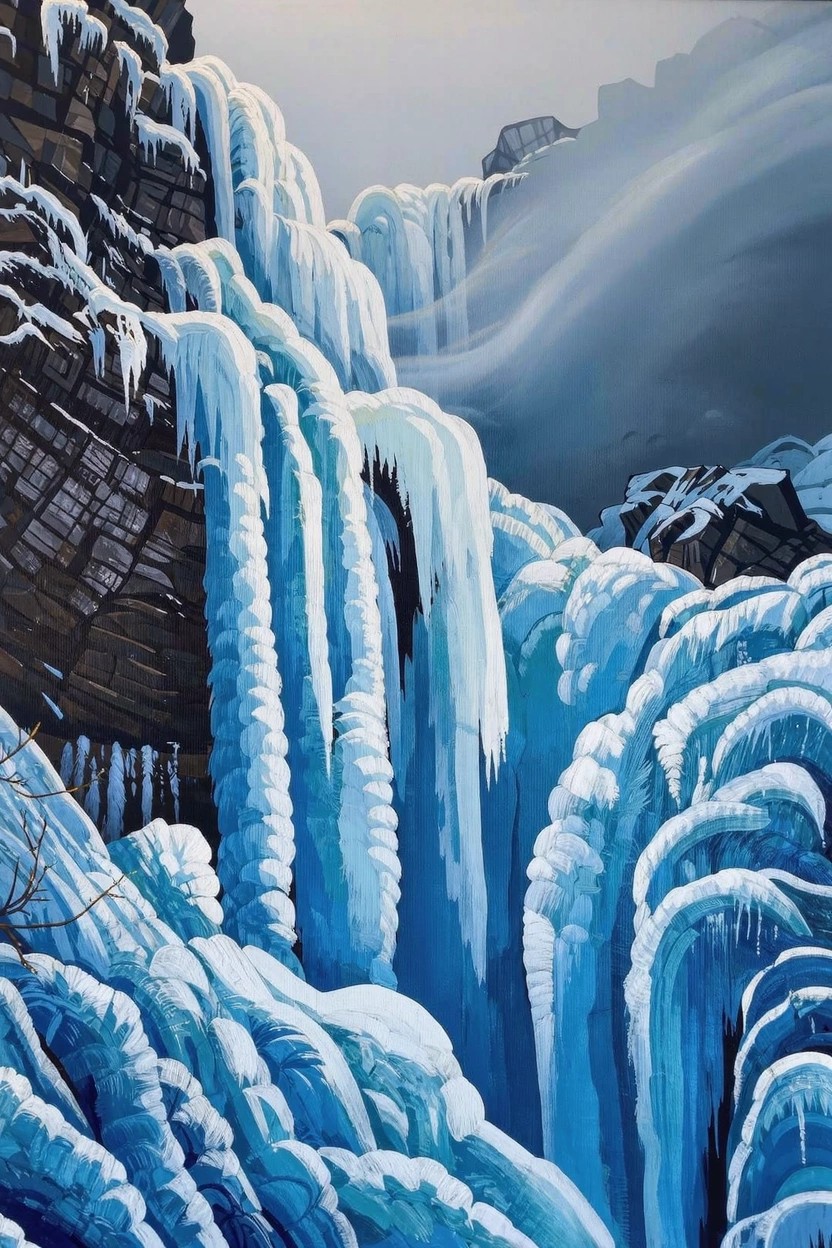 Acrylic painting of blue-white frozen waterfalls cascading over dark, snow-dusted rocky cliffs with gray mist in the background.