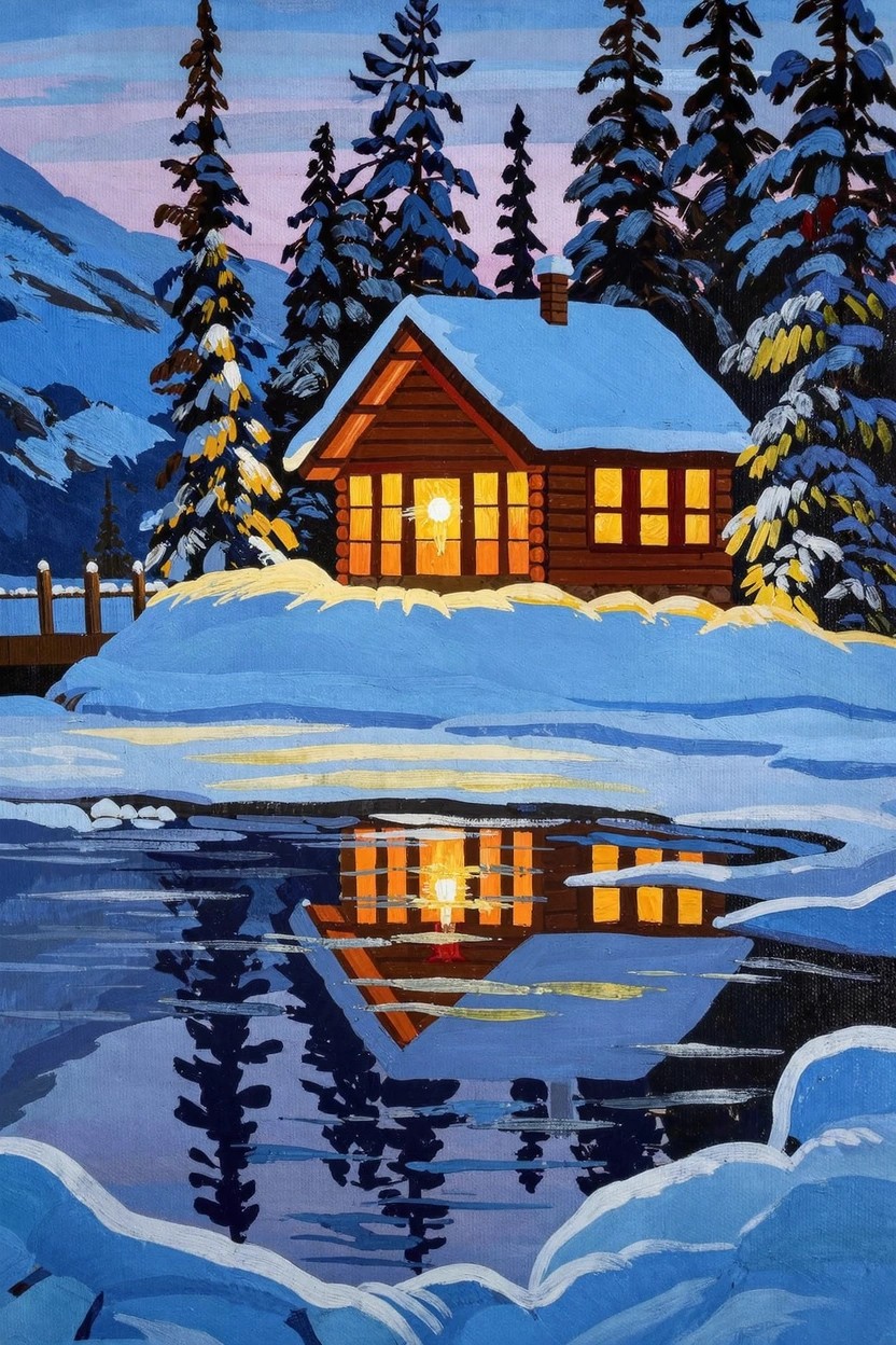 Acrylic painting of a log cabin with yellow window lights reflected in a snowy lake at dusk, framed by pine trees and mountains under a purple sky.