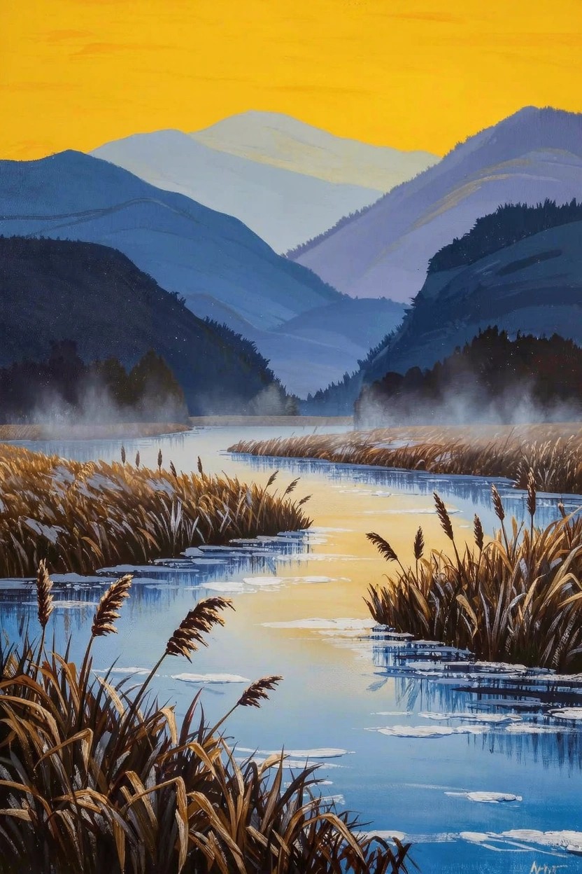 Acrylic painting of yellow sunset sky over layered blue-purple mountains with a curving blue river lined by golden-brown reeds and mist.
