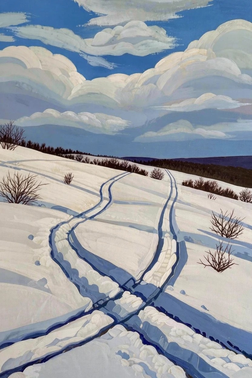Acrylic painting of a snowy field with dark intersecting tracks, bare bushes, distant trees on a hill, and a cloudy blue sky.