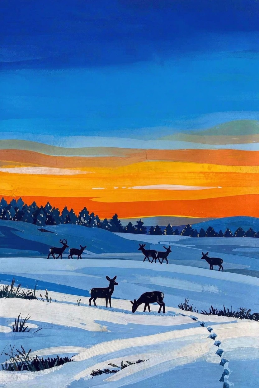 Acrylic painting of black silhouetted deer grazing on snowy hills under a blue-to-orange sunset sky with pine trees.