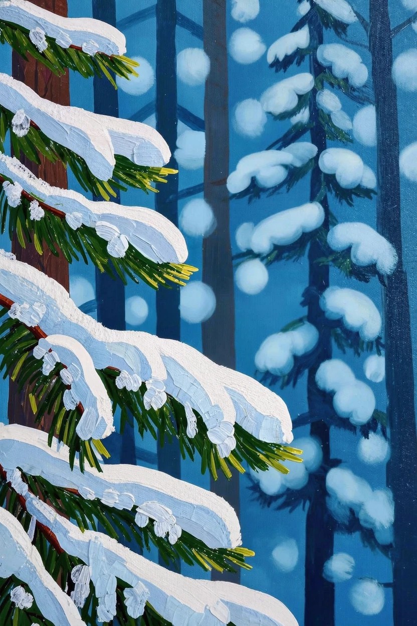 Acrylic painting close-up of snow-covered pine tree branches in foreground against blurred dark blue snowy trees in background.