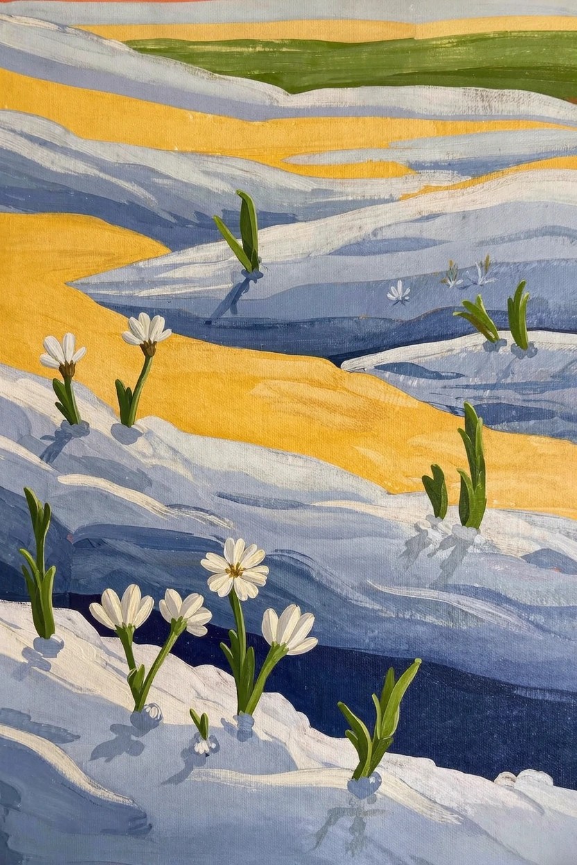 Acrylic painting of blue-white snow hills and ridges around yellow valleys with green shoots and white flowers emerging from the snow.