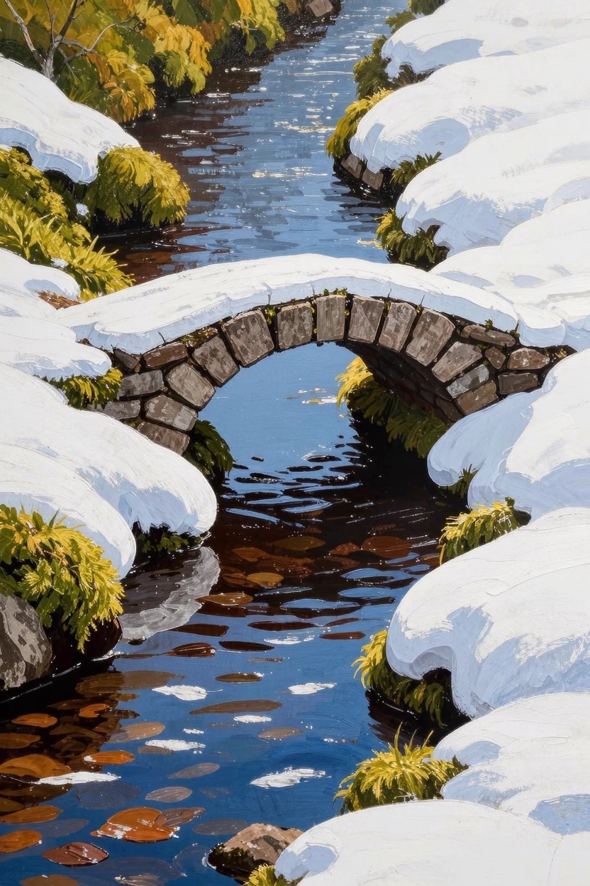 Snow-covered stone arch bridge spans a rocky stream with snowy banks and yellow-green foliage in a winter landscape painting.