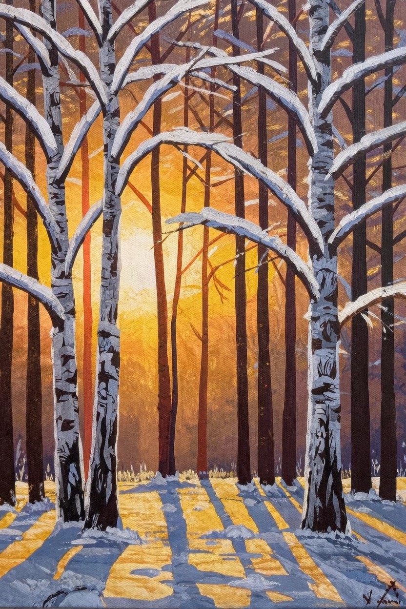 Acrylic painting of snow-covered birch trees arching over an orange sunset in a forest, with sunlight casting blue shadows on the snowy ground.