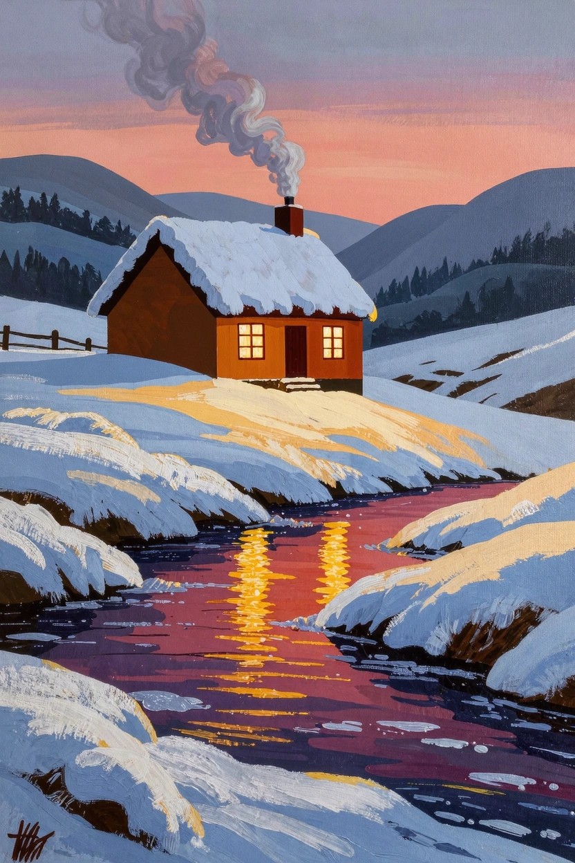 Acrylic painting of an orange cabin with lit windows and chimney smoke on a snowy hill, surrounded by snow-covered landscape, mountains, and a reflective pink-orange stream at sunset.