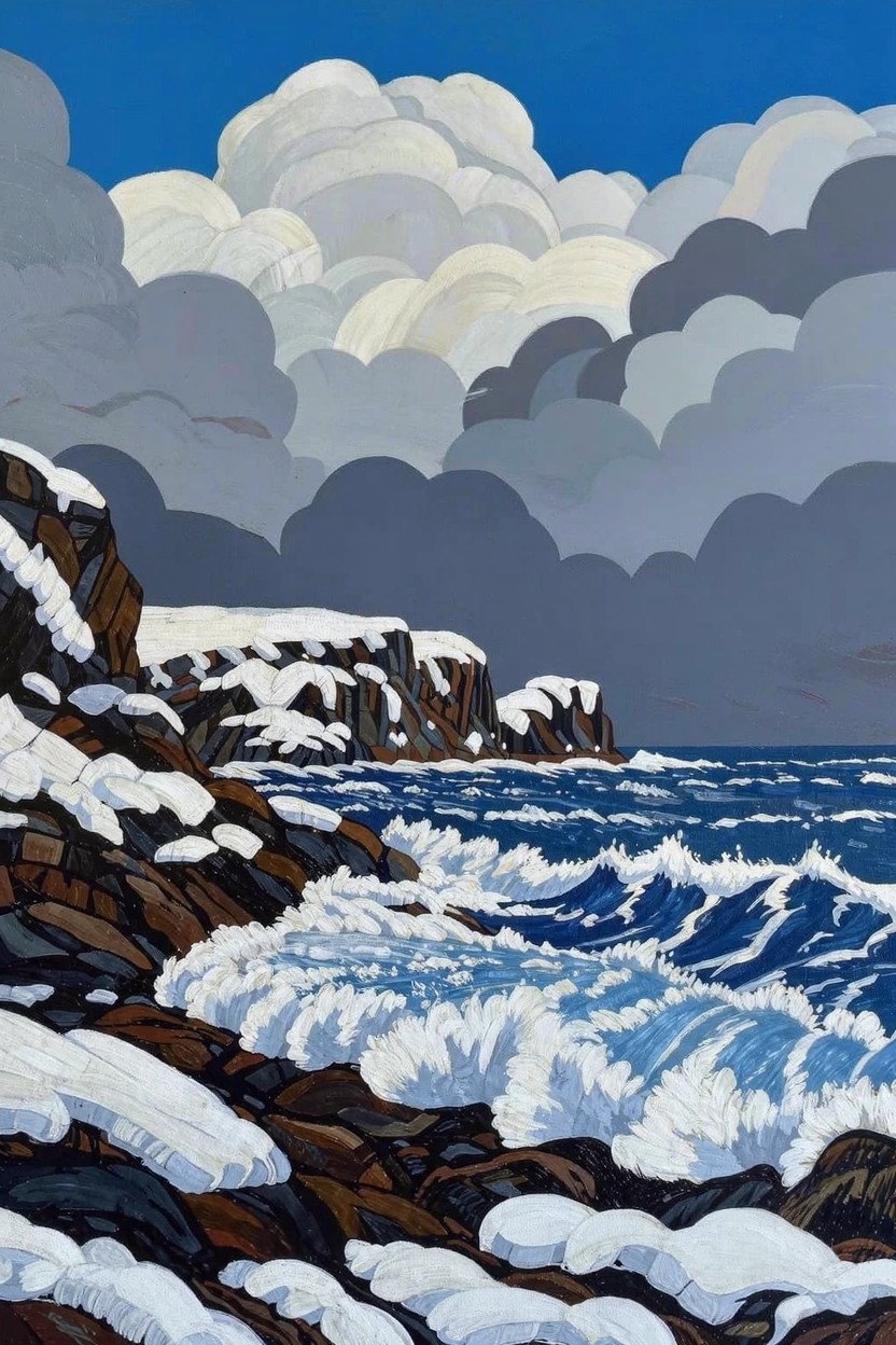 Acrylic painting of jagged snowy cliffs beside crashing blue waves under heavy gray clouds.