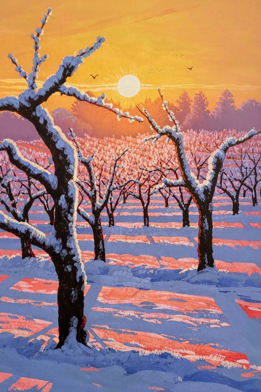 Acrylic painting of snow-covered bare orchard trees silhouetted against an orange sunset sky with pink-tinted snow and flying birds.