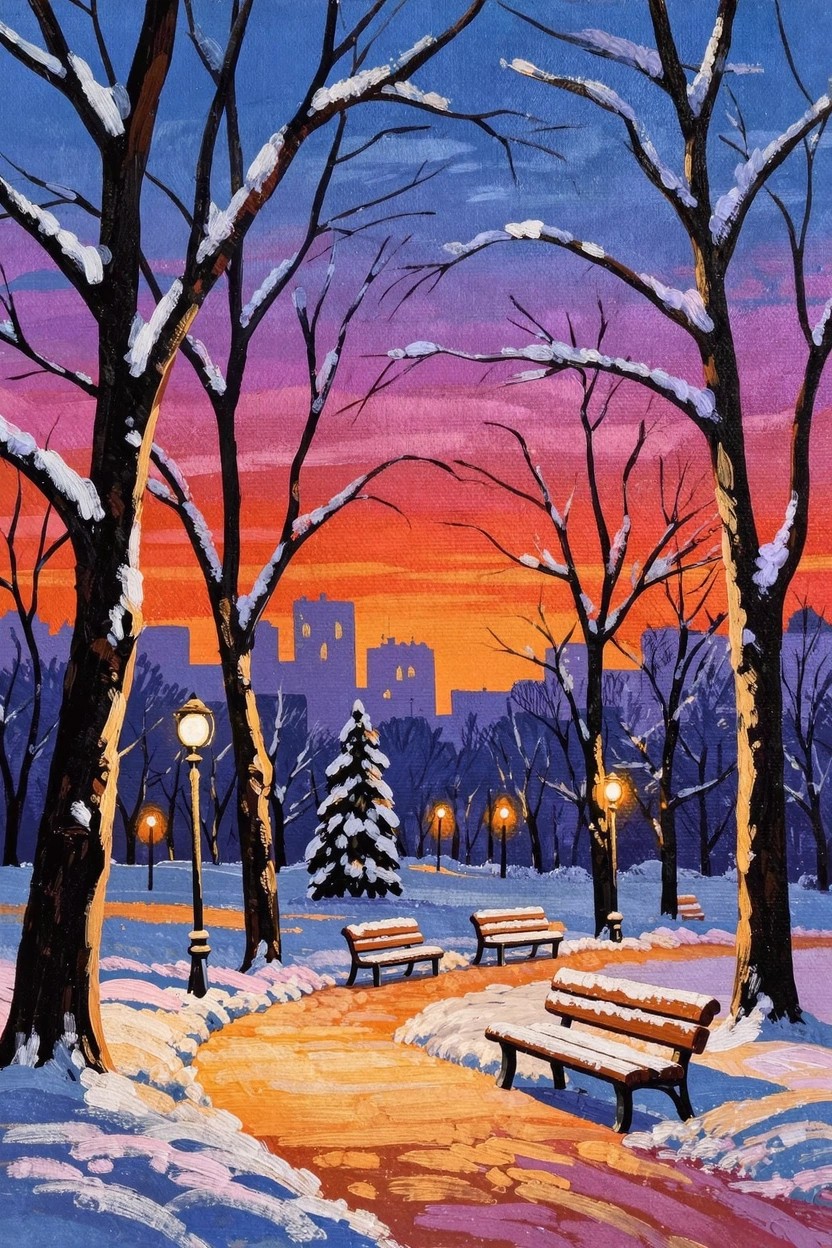 Acrylic painting of snow-covered trees lining a lit path with benches and lamps in a park, city buildings in the distance under a purple-orange sunset sky.