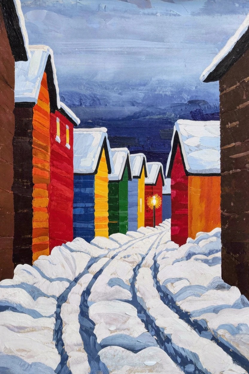 Acrylic painting of colorful wooden cottages covered in snow lining a snowy path with tire tracks, a lit streetlamp, and dark sky.