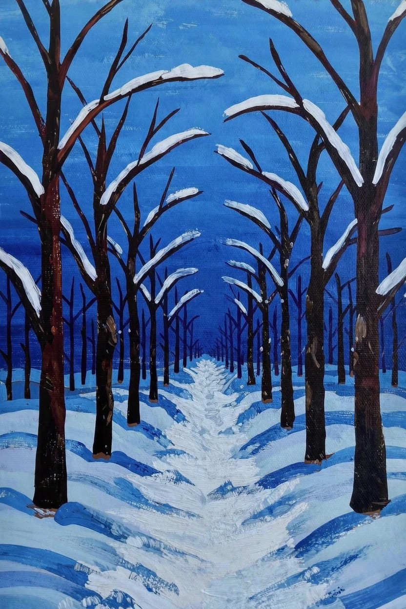 Acrylic painting of a snowy path winding through tall bare trees arching overhead under a blue sky with textured white snow.
