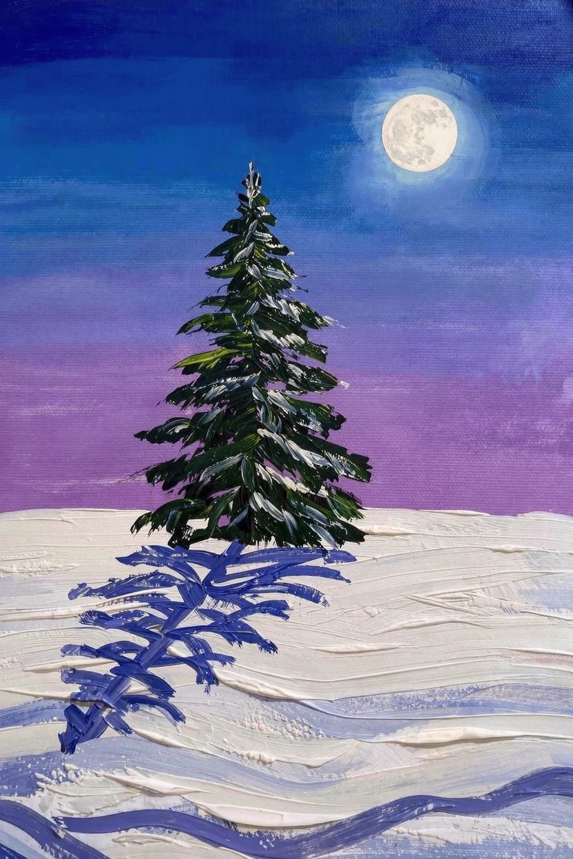 Acrylic painting of a lone dark green fir tree with blue shadow on textured white snow waves under a full white moon in a purple-blue gradient sky.