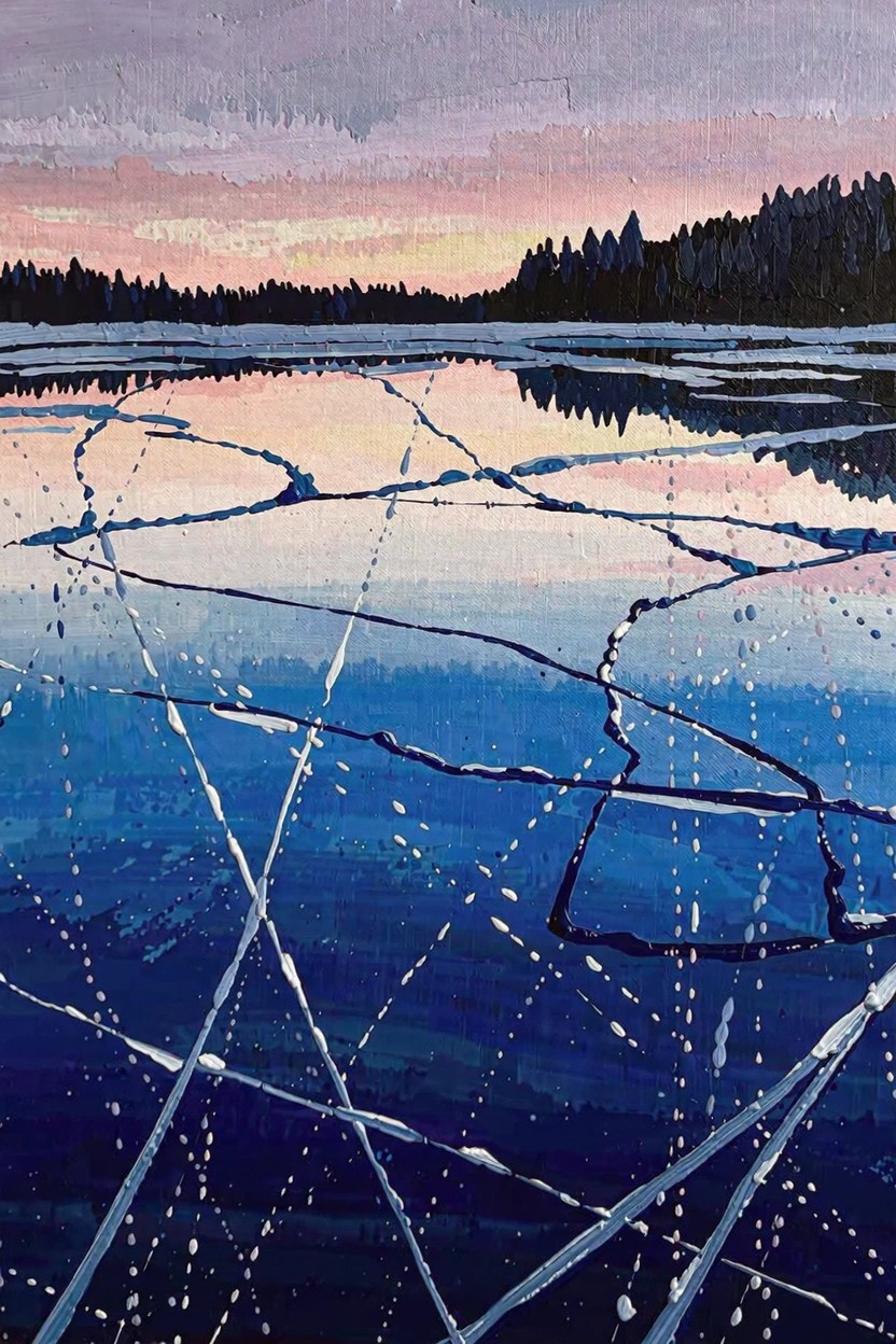 Acrylic painting of a frozen lake with white cracks in blue ice reflecting a purple-pink-orange sunset sky and dark pine trees along the shore.
