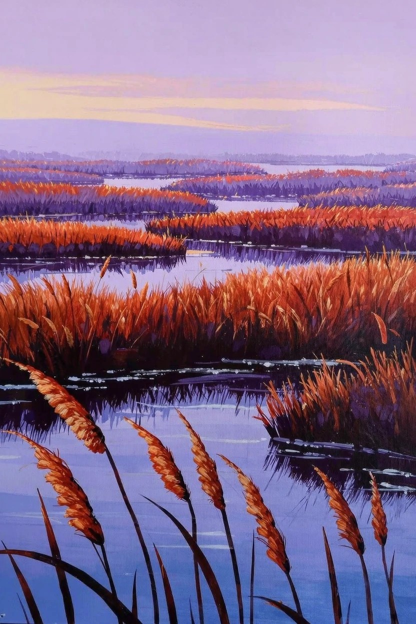 Acrylic painting of orange reeds in marsh waterways under a purple twilight sky with water reflections.