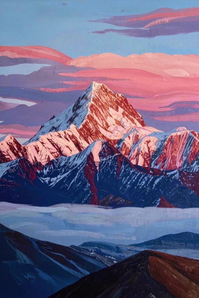 Acrylic painting of a central pink-red snow-capped mountain peak surrounded by blue ridges under a multicolored sunset sky with clouds and mist.