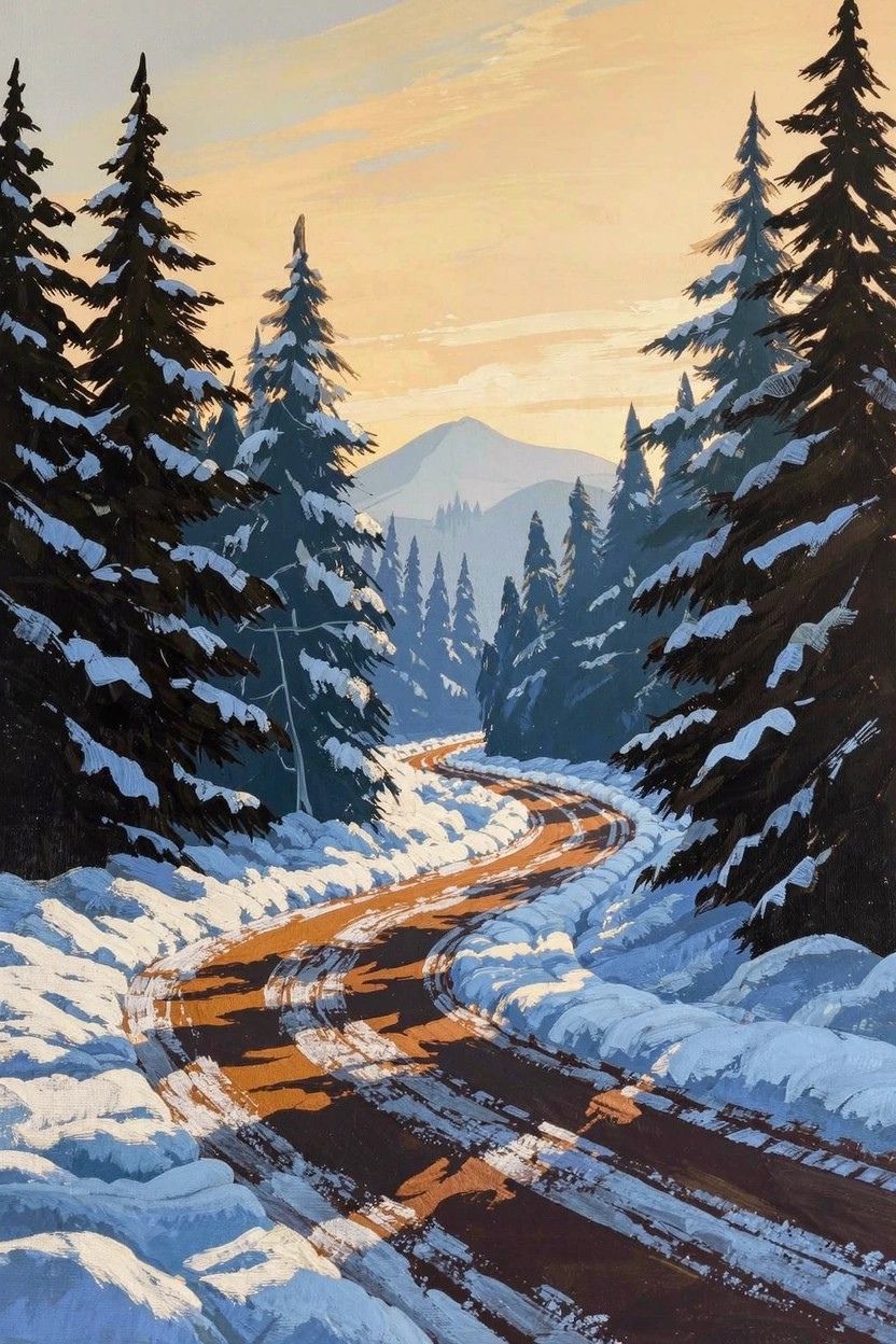 Acrylic painting of a curving orange road winding through snow-covered pine trees toward distant mountains under a warm sunset sky.