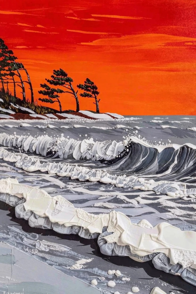 Acrylic painting of silhouetted pine trees on a snowy shore with crashing waves under a red-orange sunset sky.