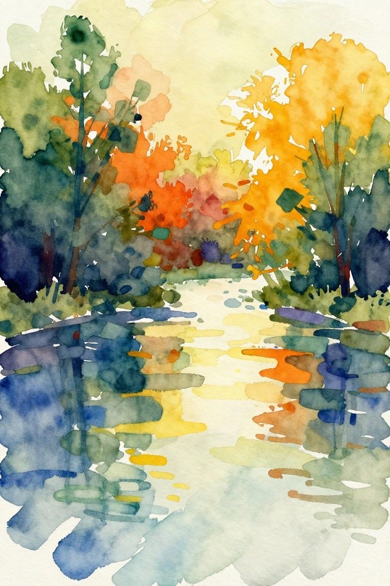 Watercolor forest path with vibrant orange, yellow, and blue autumn trees.
