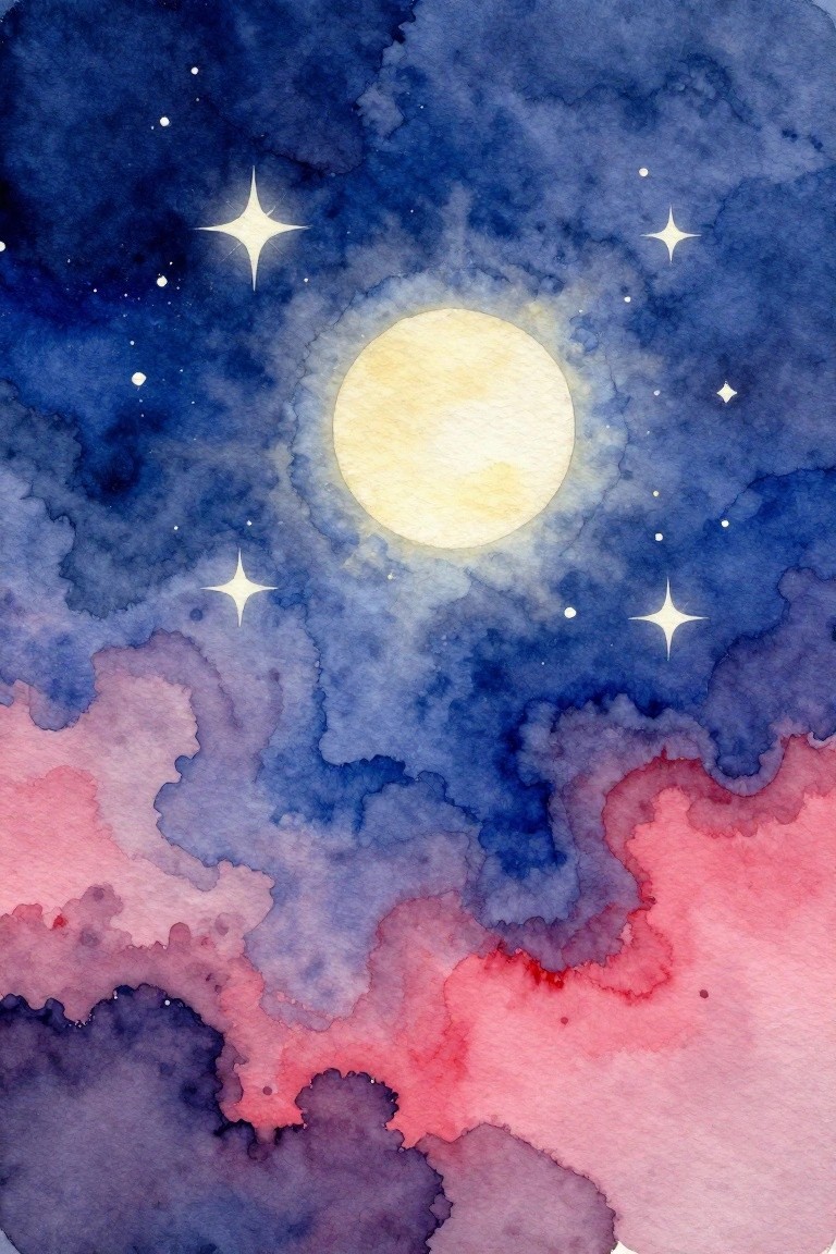 A watercolor painting of a large yellow moon in a dark blue sky with white stars and pink and purple clouds at the bottom.
