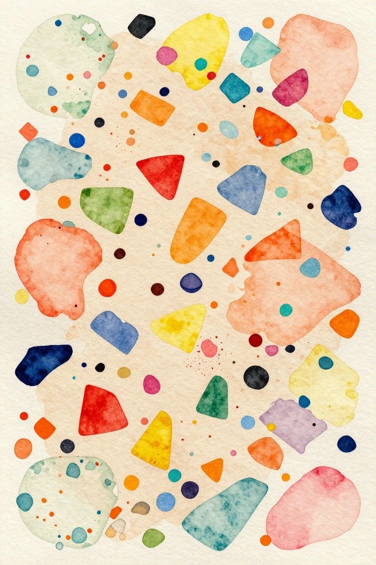 Abstract watercolor painting with vibrant scattered shapes and colorful dots on light background