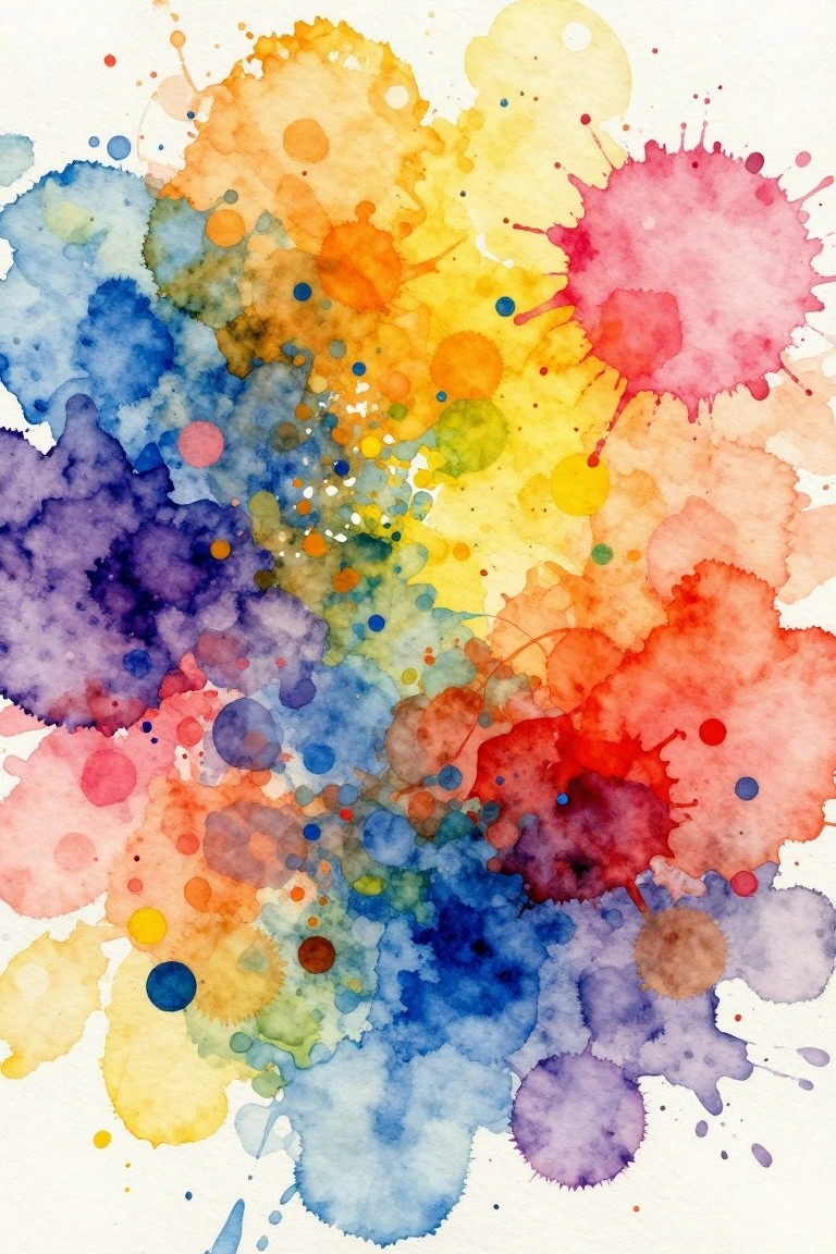 Vibrant watercolor splashes blending in blue, purple, yellow, red, and orange hues