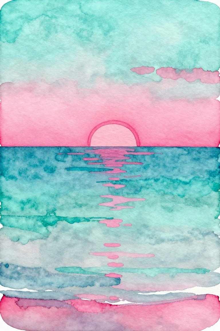 Watercolor sunset with pink sun over turquoise ocean and pink reflections.