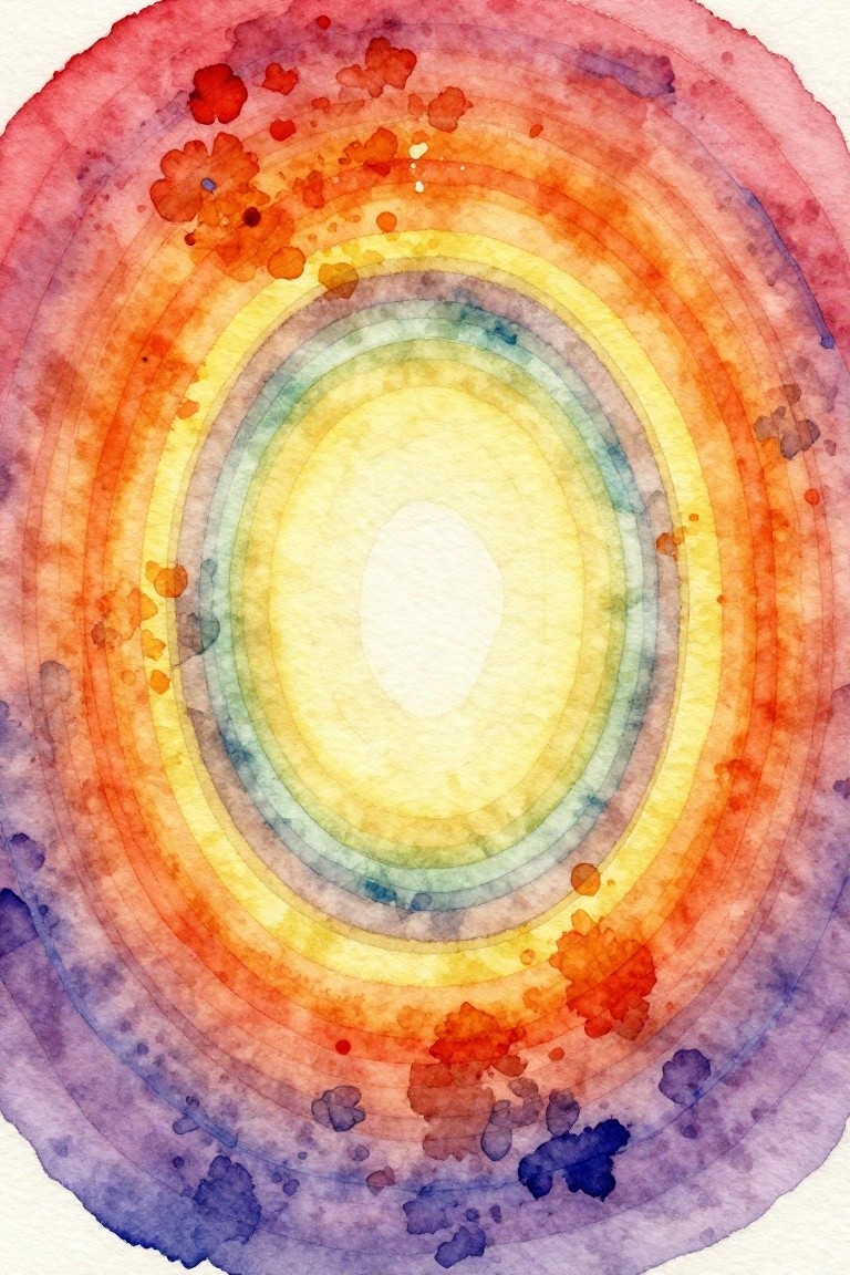 Watercolor concentric rainbow circles with vibrant hues and scattered paint splatters.