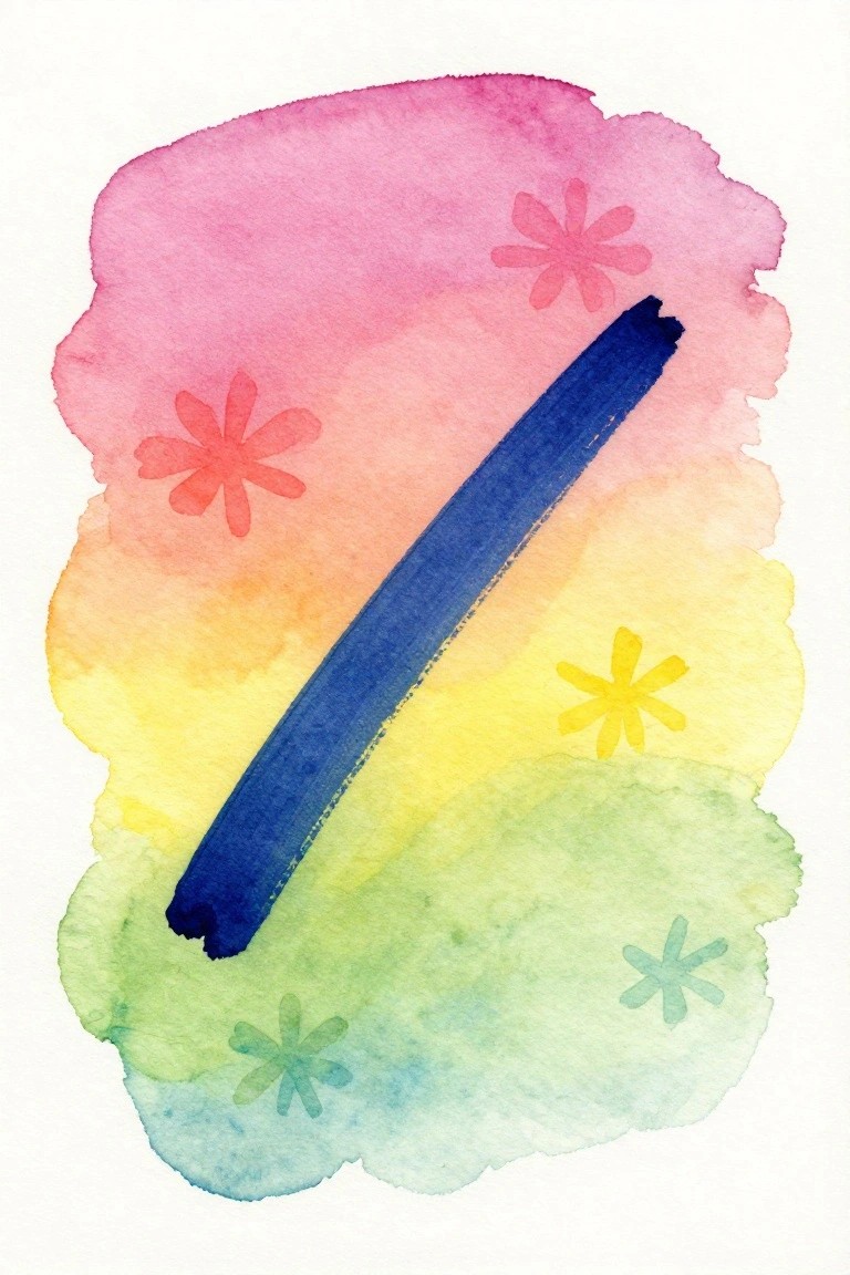 Watercolor painting with blue diagonal stroke on pink-to-green gradient and colorful flowers