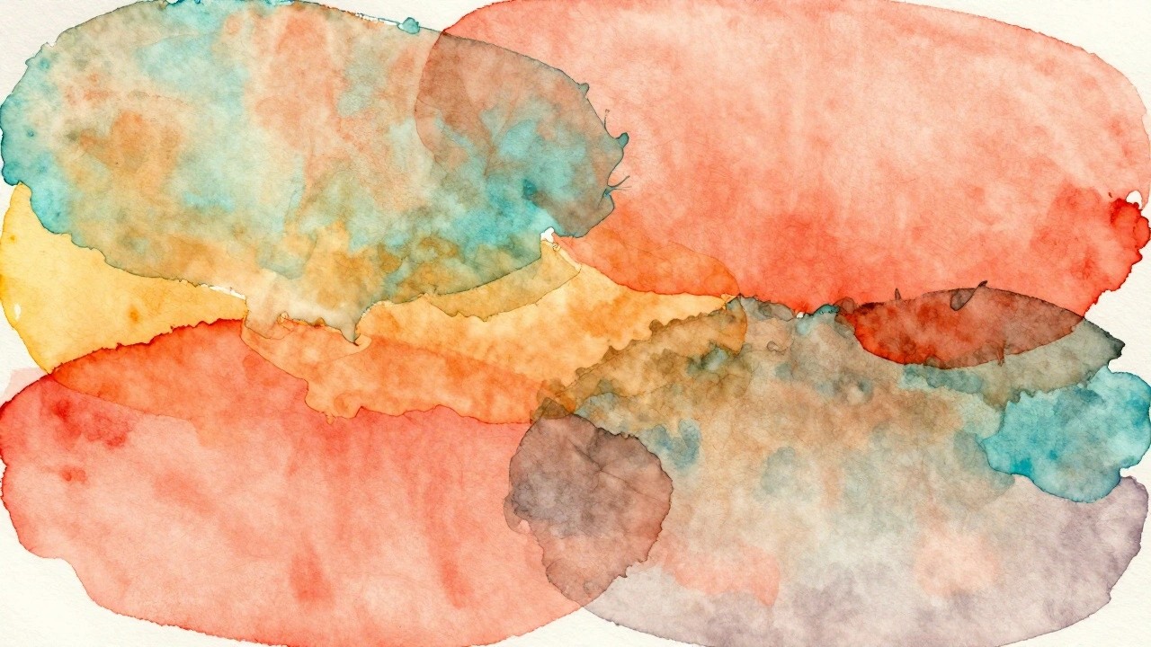 Abstract watercolor with stacked horizontal layers of coral, teal, and brown hues.