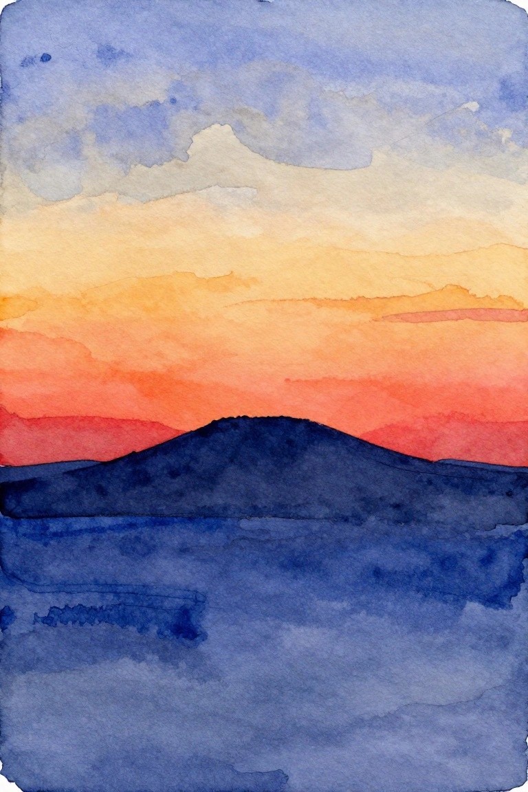 Watercolor sunset landscape with vibrant orange-red sky over dark hills and blue water