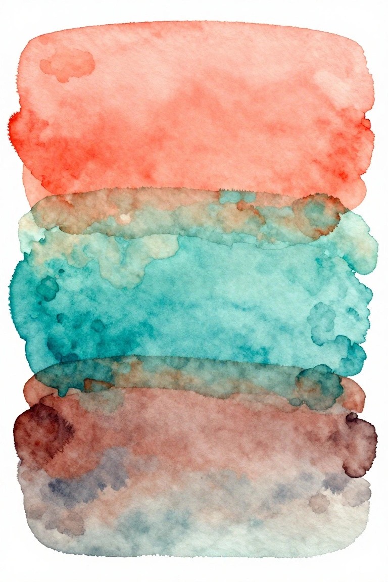 Abstract watercolor with stacked horizontal layers of coral, teal, and brown hues.