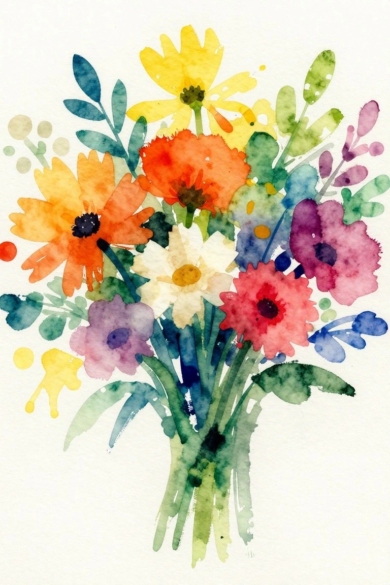 Vibrant watercolor bouquet of colorful flowers with green stems and leaves