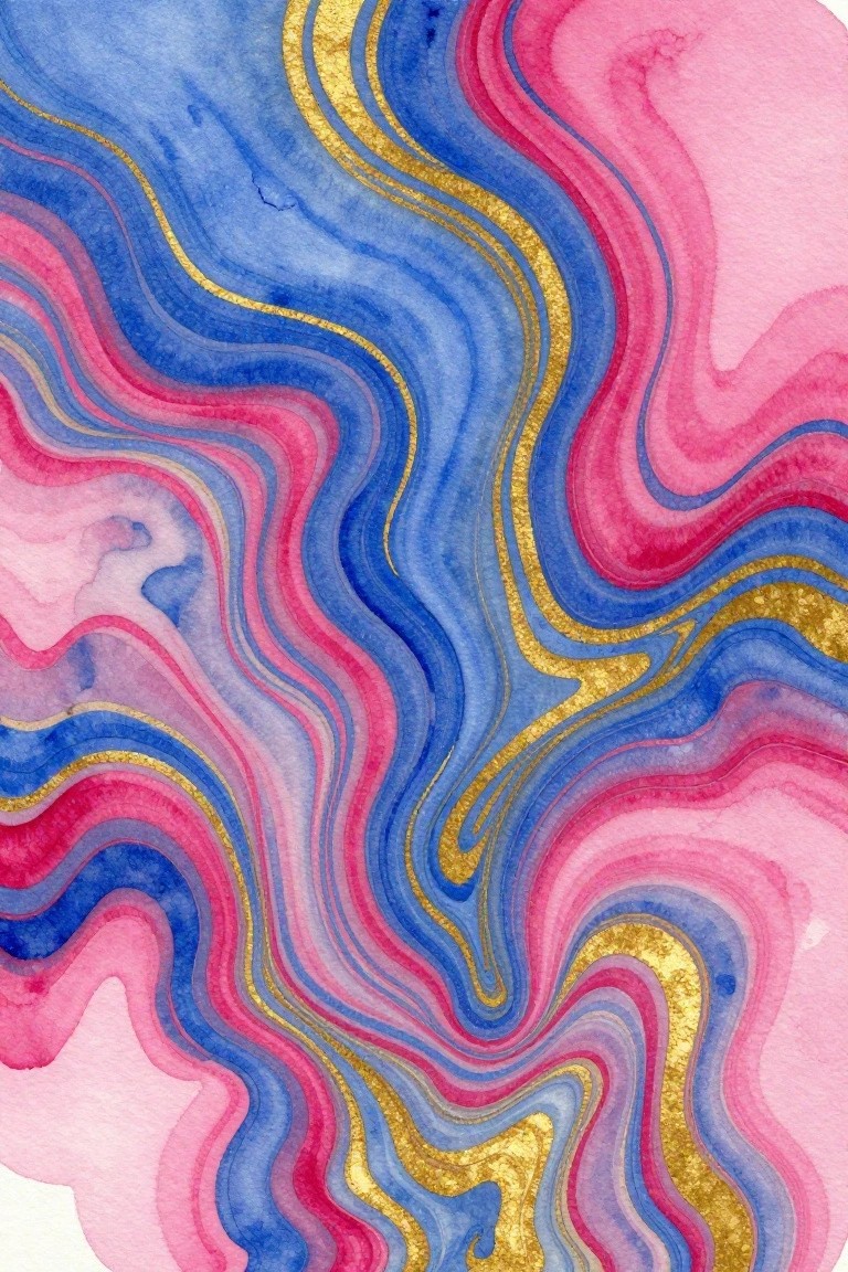 Abstract watercolor swirls in blue, pink, and purple with gold accents.