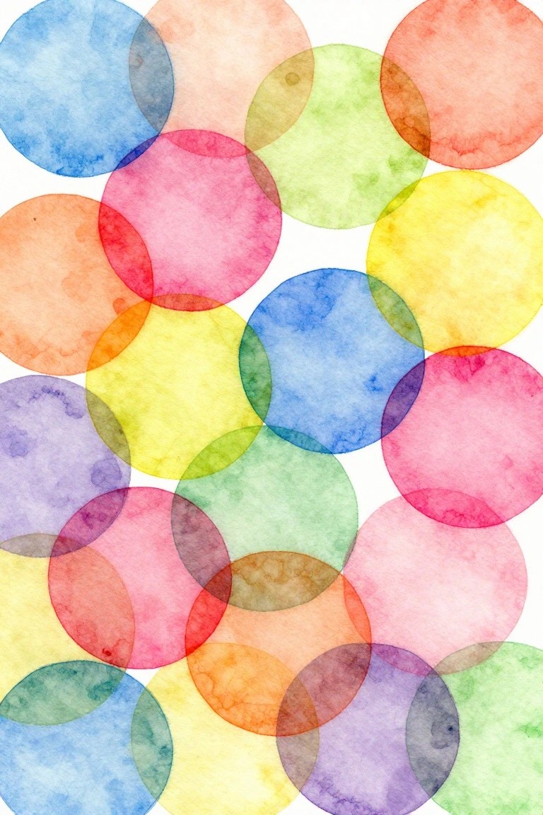 Overlapping translucent circles in vibrant watercolor hues on white background