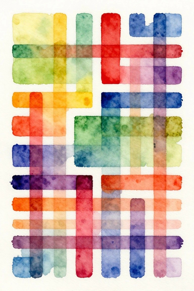 Abstract watercolor with overlapping colorful translucent rectangles forming a vibrant grid pattern.