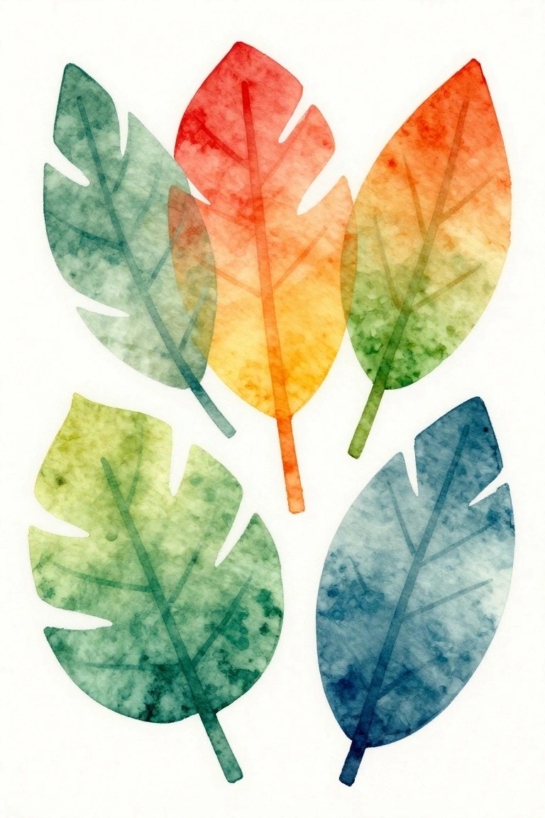Five overlapping vibrant watercolor leaves in green, red, orange, and blue