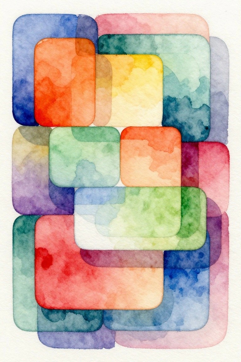 Abstract composition of overlapping colorful rounded rectangles in translucent watercolor washes.