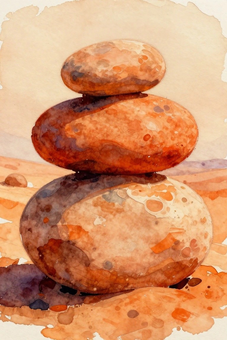 Balanced stack of three smooth stones in warm orange-brown watercolor tones.