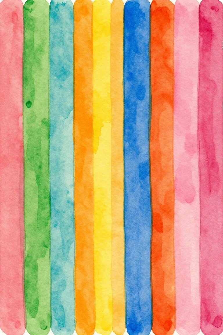 Vertical watercolor stripes in rainbow colors with soft blending and rounded ends placed side by side.