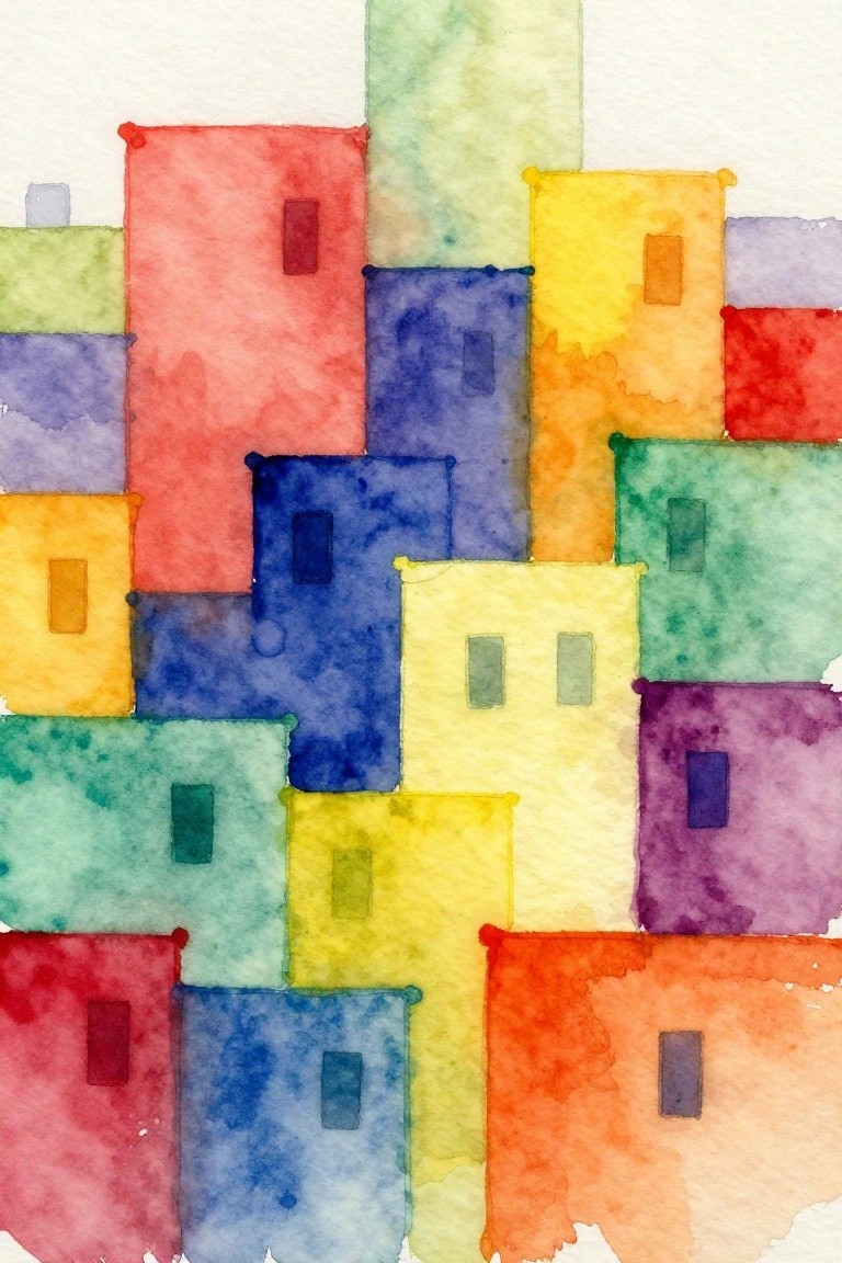 Vibrant watercolor cityscape of overlapping colorful buildings with tiny windows.