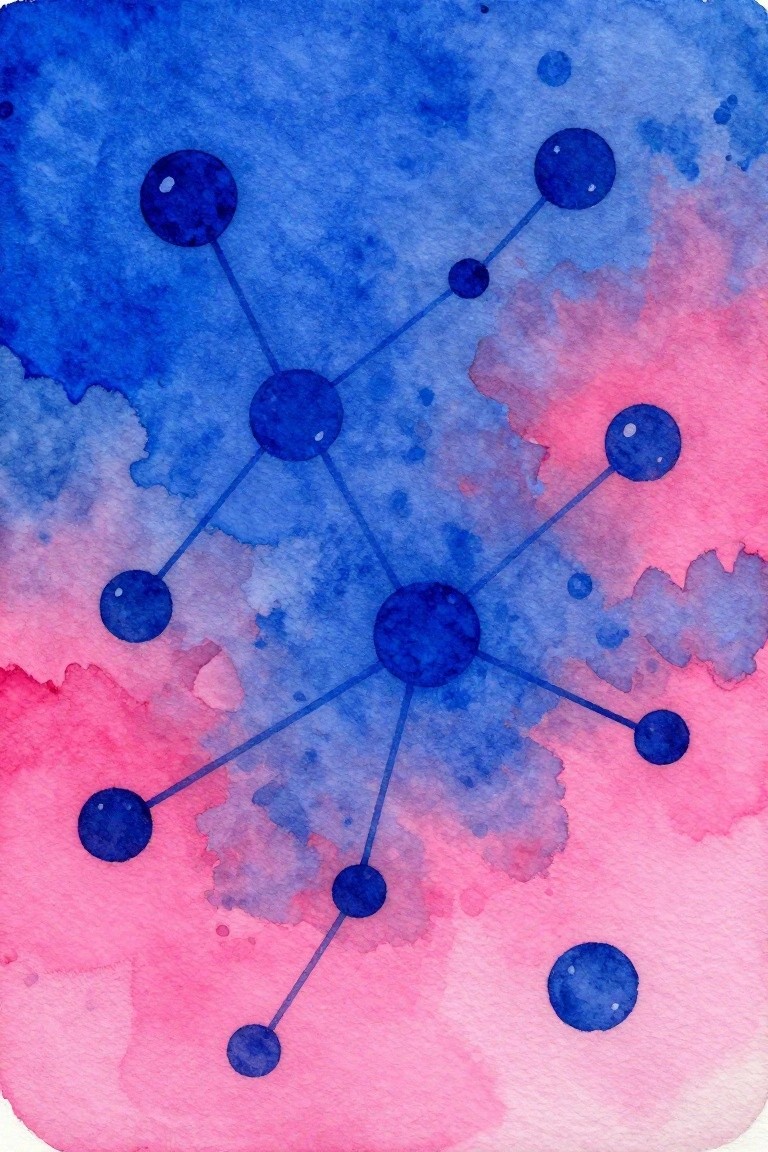 Watercolor abstract of connected blue dots on pink and blue wash.