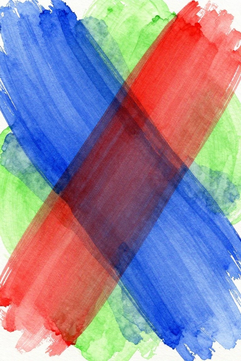 Abstract watercolor with bold overlapping blue, red, and green X-shaped brushstrokes.